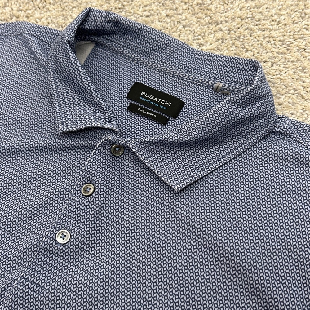 Bugatchi Polo Shirt XXL Navy Blue OoohCotton Tech 8-Way Stretch Geometric